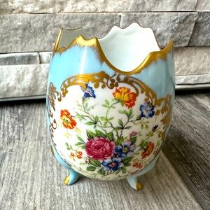 VINTAGE FRANCE Porcelain Footed Egg Shaped Vase Flowers Of The Valley Gold Trim